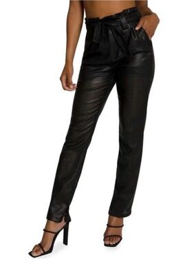 Good American black pleated front belted vegan faux leather pant Size 1